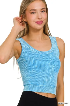 Deep Sky Washed Ribbed Cropped Scoop Neck Tank Top