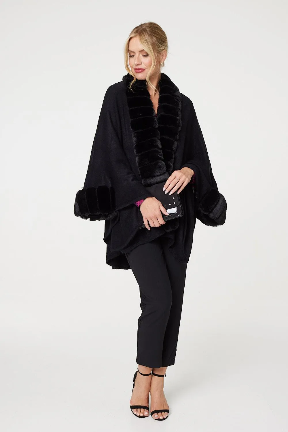 Faux Fur Longline Hanky Hem Poncho