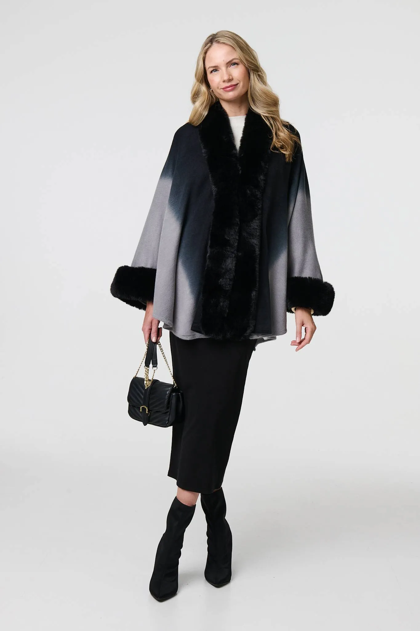 Faux Fur Trim Thigh Length Poncho