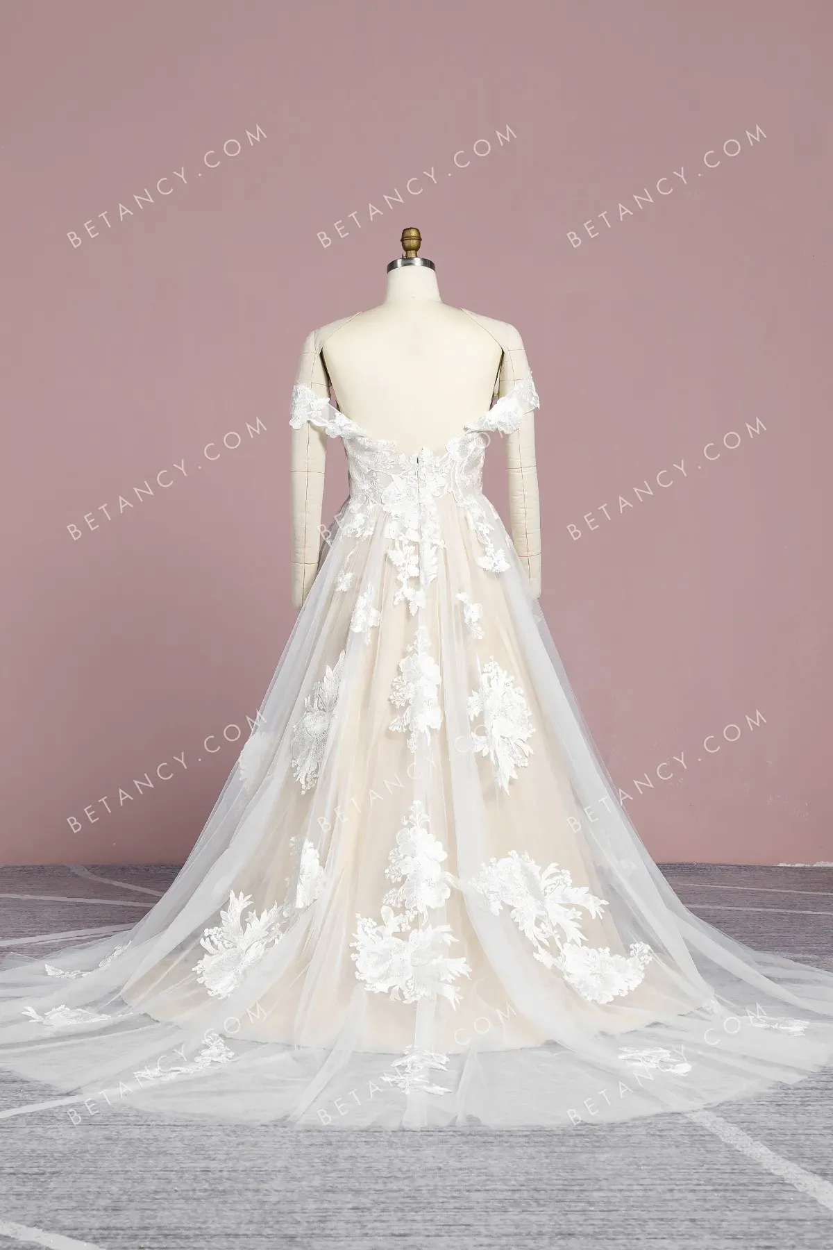 Floral Lace Embroidery Champagne Satin Wedding Dress