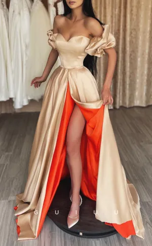 G2549 -  Classic & Timeless Off-Shoulder Satin Long Prom Evening Dresses With Slit