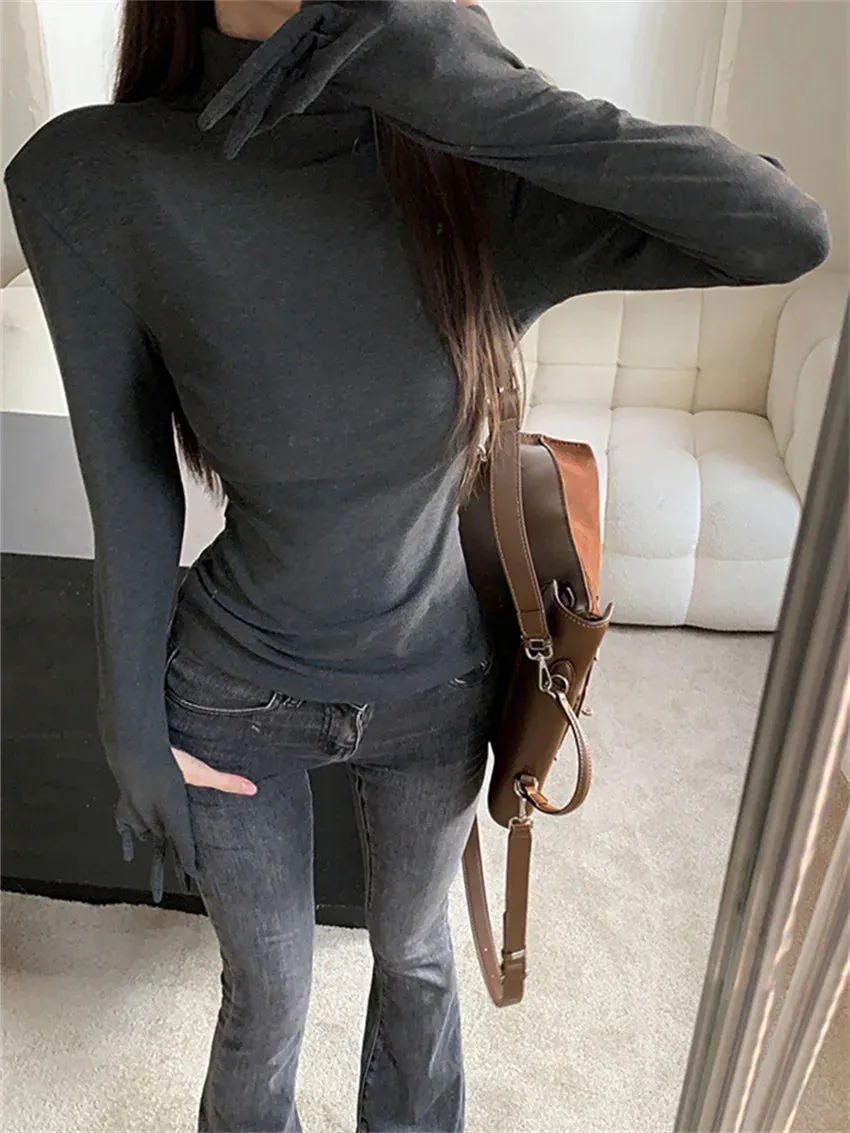 Girlary Minimalist Turtleneck Tees Skinny Women Chic Daily All Match Autumn Bottoming OL Full Sleeve Solid New T-Shirts