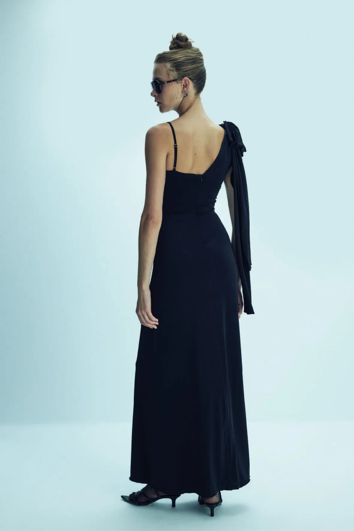 Grace Jersey Asymmetric Long Dress in Black