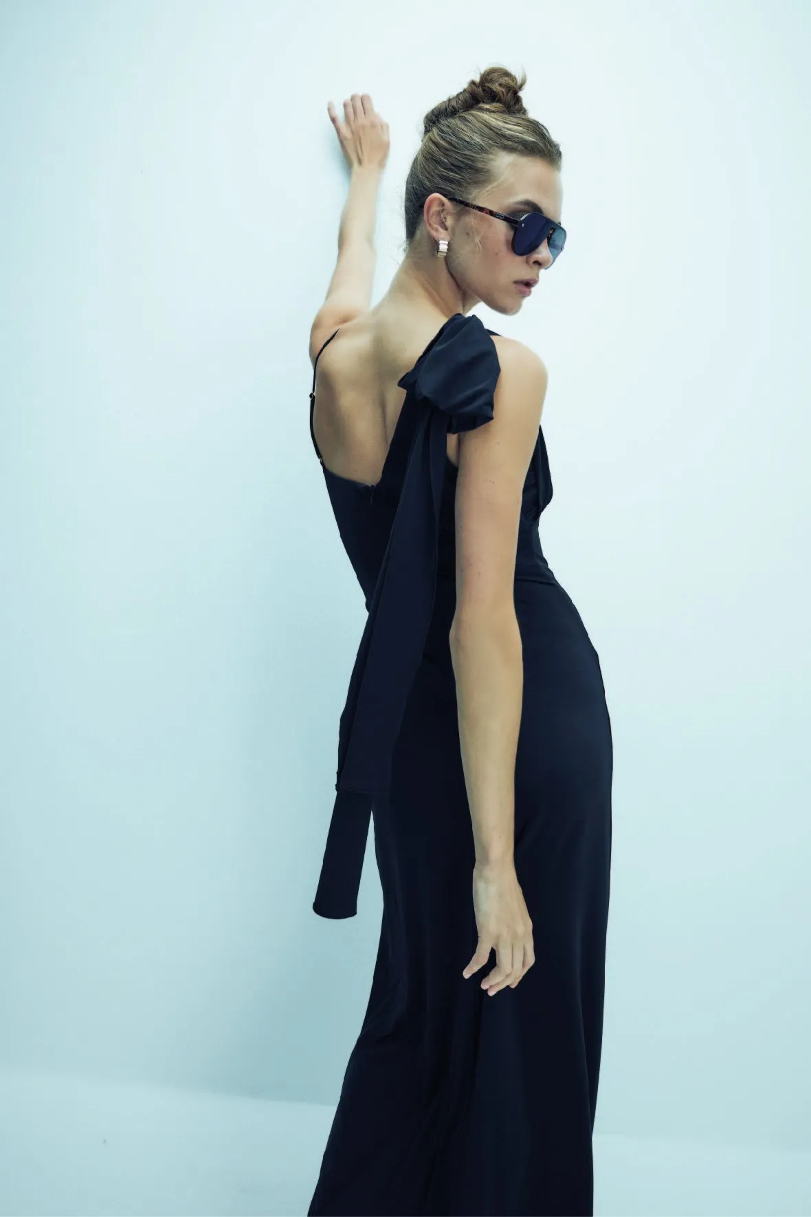 Grace Jersey Asymmetric Long Dress in Black