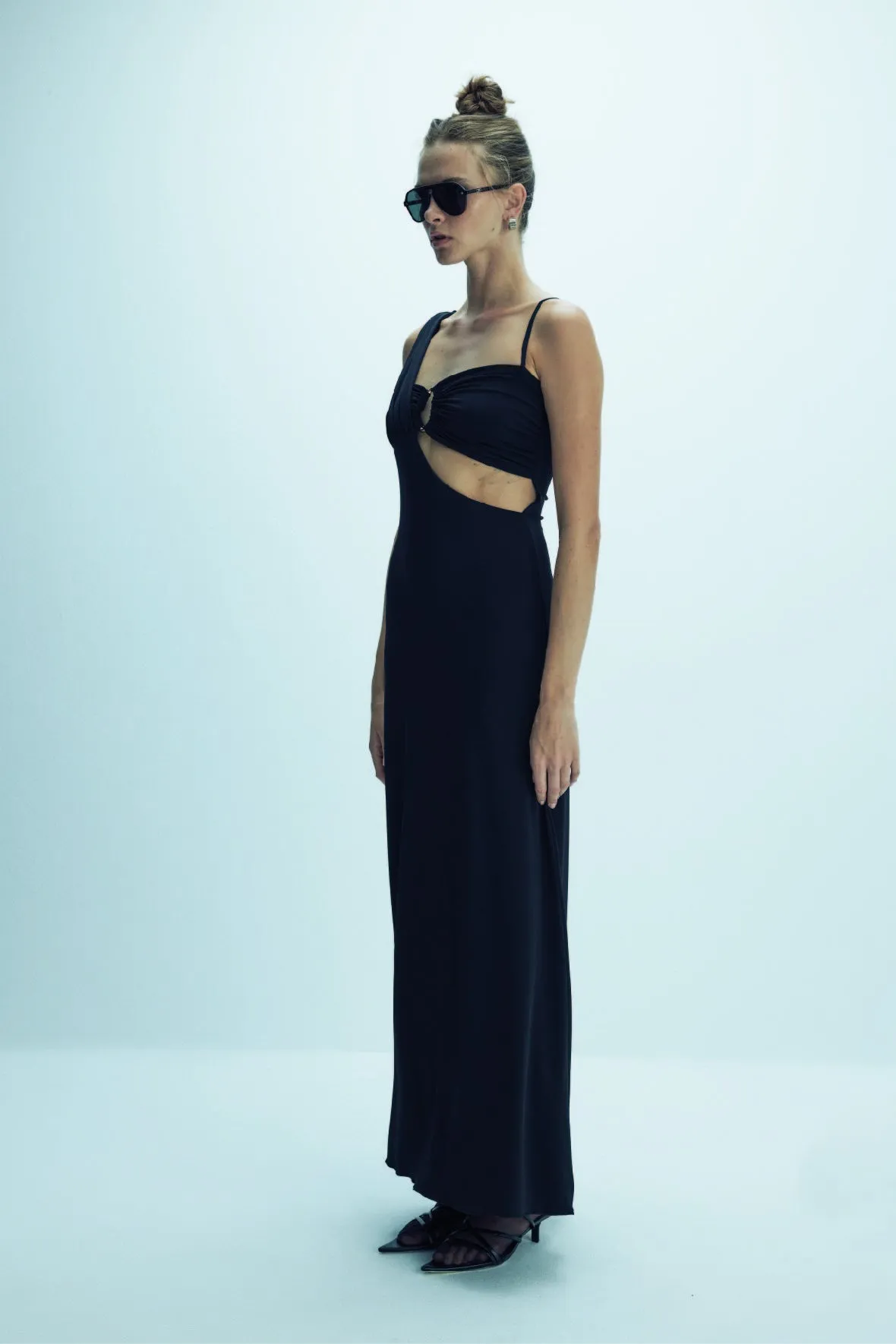 Grace Jersey Asymmetric Long Dress in Black