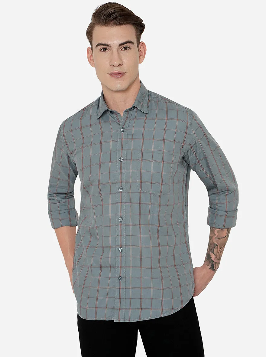 Grey Checked Slim Fit Casual Shirt | JadeBlue