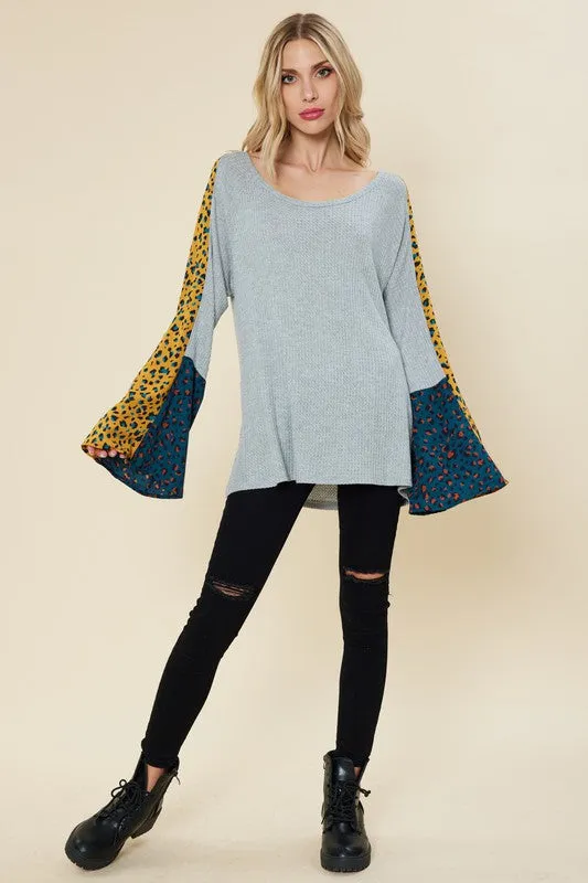 Grey Mini Waffle Bell Sleeve Tunic Top