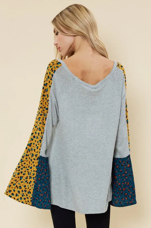 Grey Mini Waffle Bell Sleeve Tunic Top