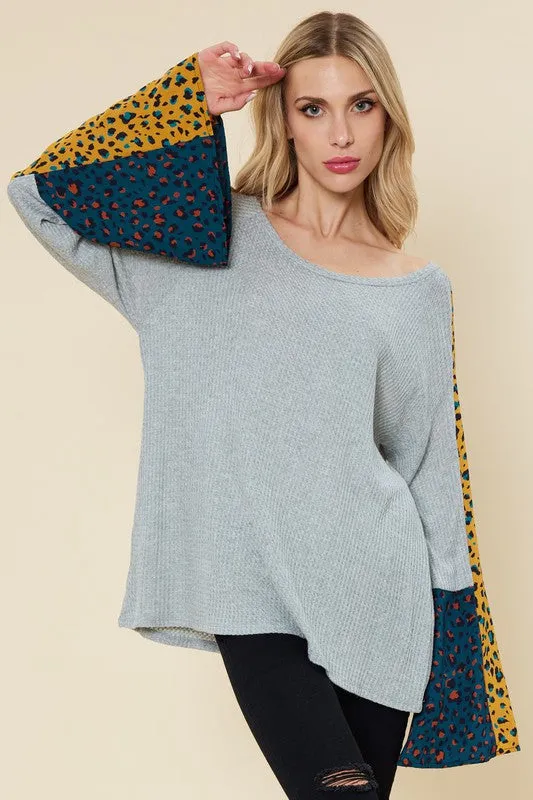 Grey Mini Waffle Bell Sleeve Tunic Top