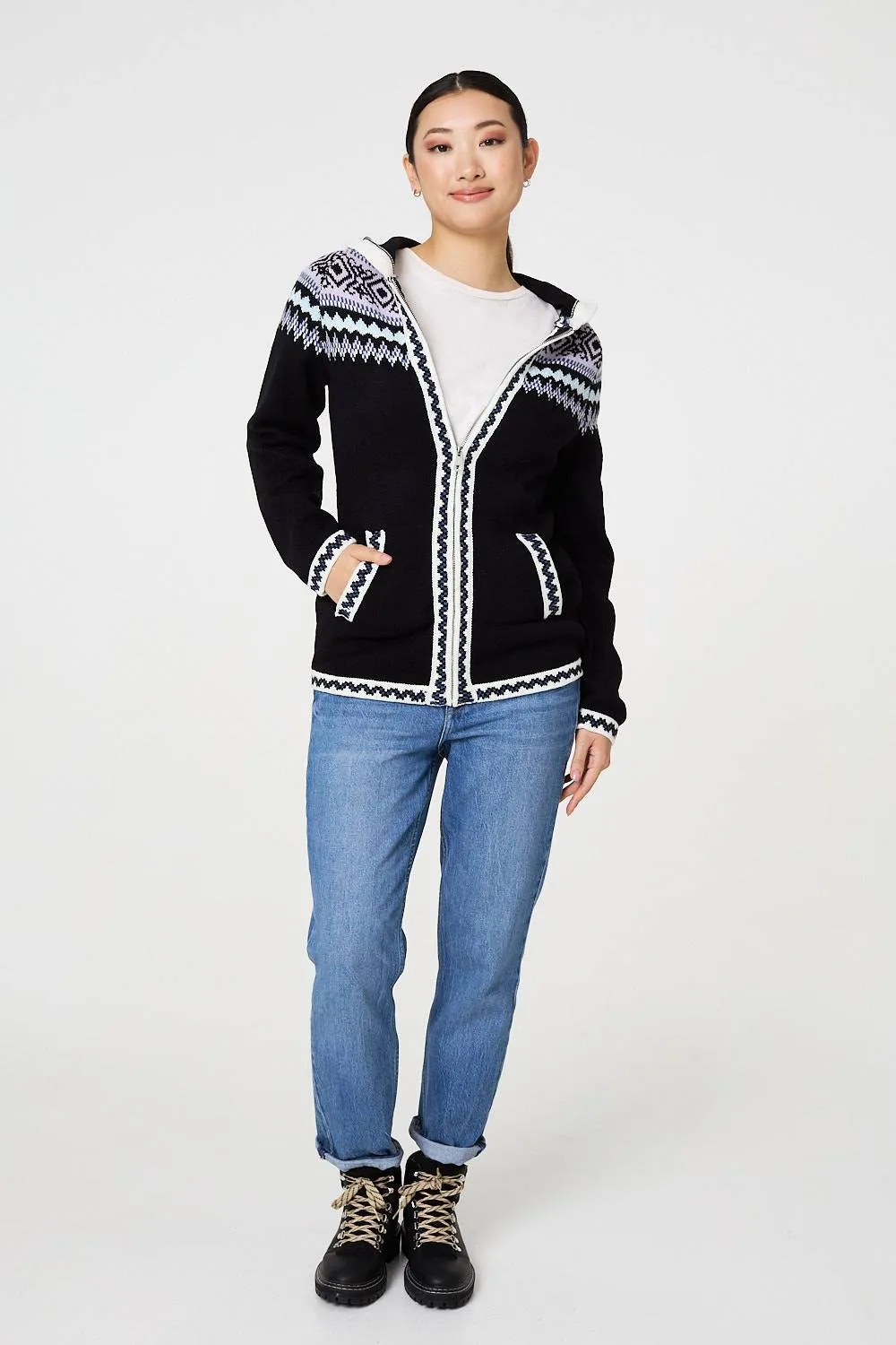 Ikat Print Zip Front Hooded Jumper