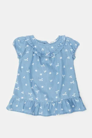 Infant Girls Blue Printed Denim Dress