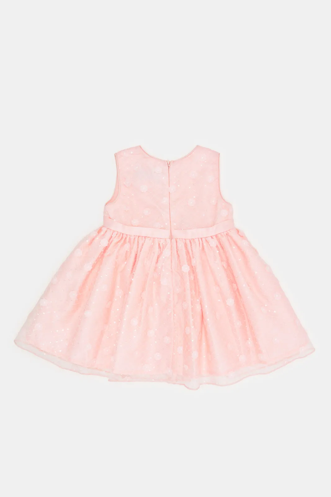 Infant Girls Pink Mesh All Over Embroidery Dress