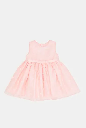 Infant Girls Pink Mesh All Over Embroidery Dress