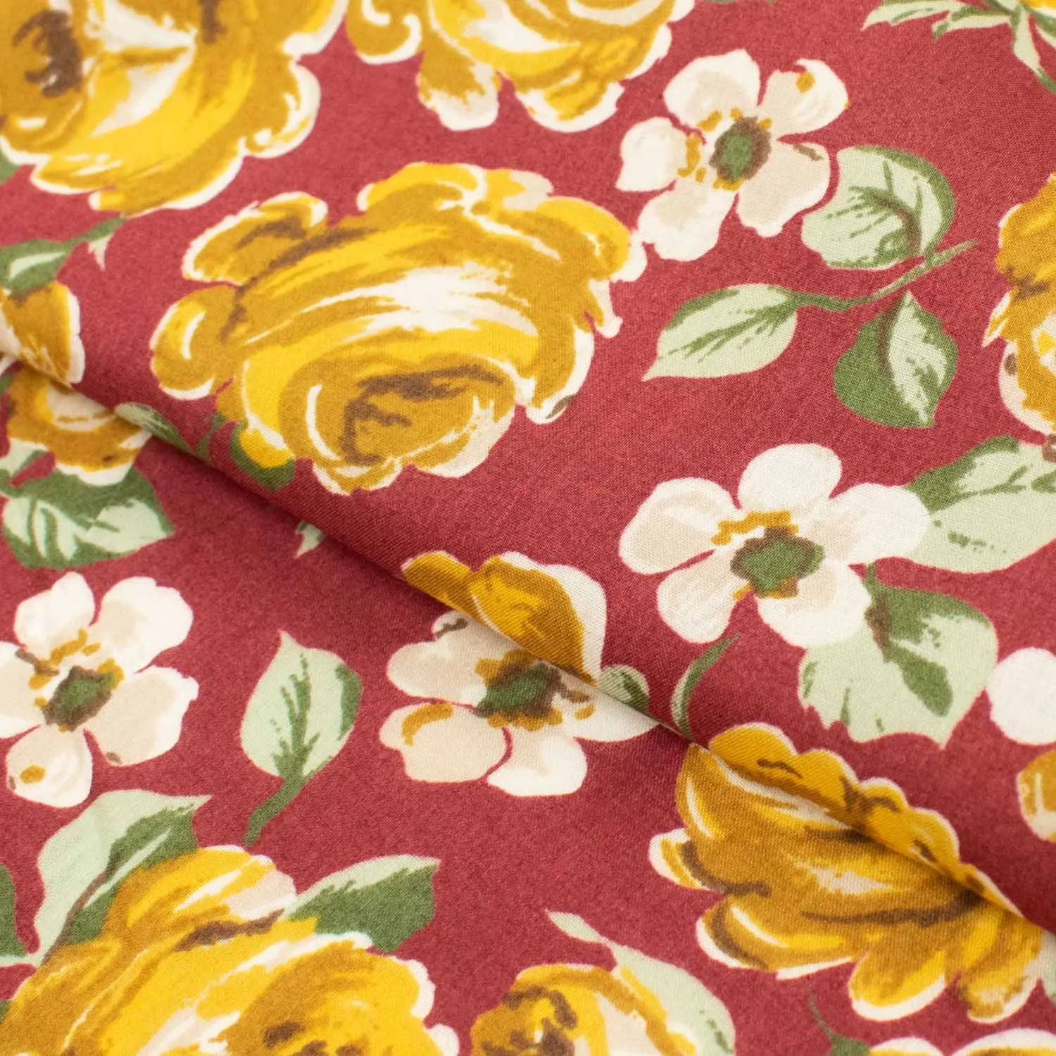 Japanese Pure Cotton Lawn Prints DF-226 Yellow Roses on Dark Red