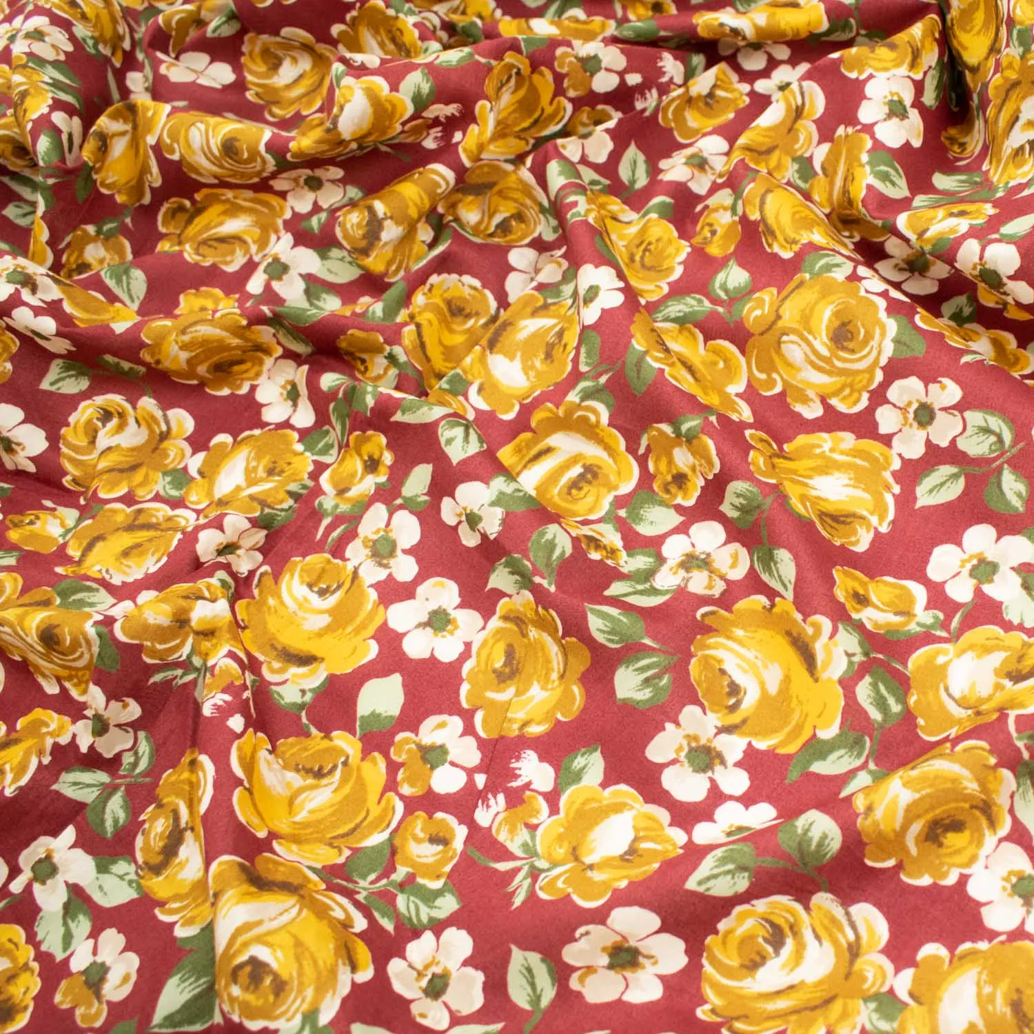 Japanese Pure Cotton Lawn Prints DF-226 Yellow Roses on Dark Red