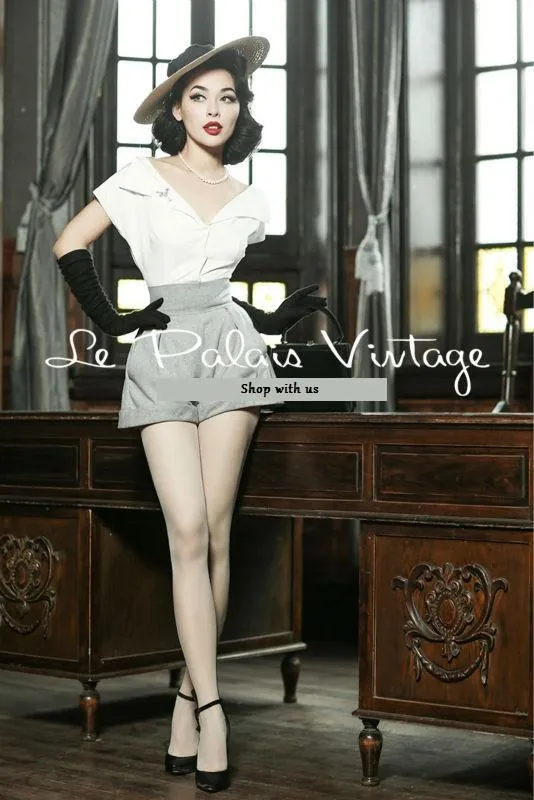 Le Palais Vintage Limited elegant retro classic tall waist woollen shorts shirt set- Dilia