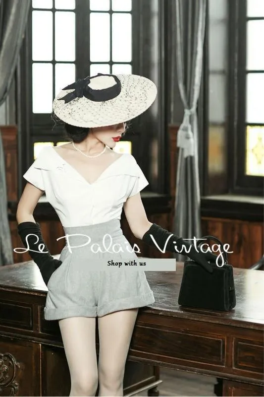 Le Palais Vintage Limited elegant retro classic tall waist woollen shorts shirt set- Dilia