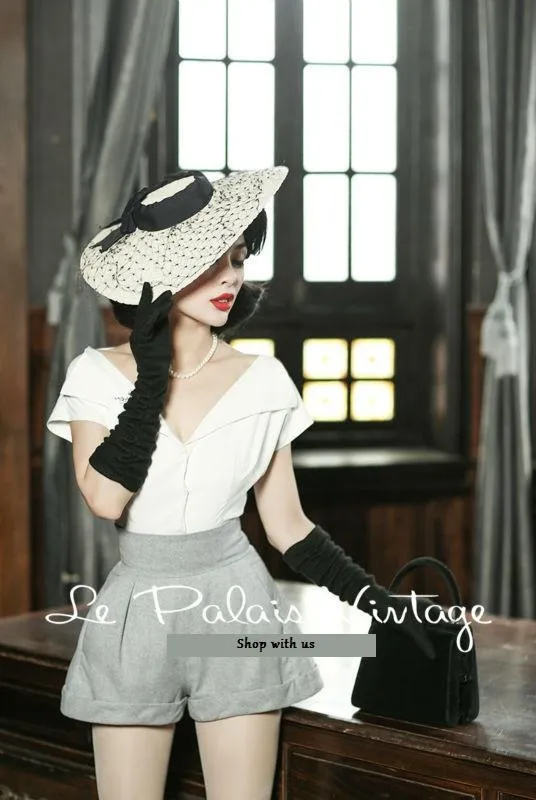 Le Palais Vintage Limited elegant retro classic tall waist woollen shorts shirt set- Dilia