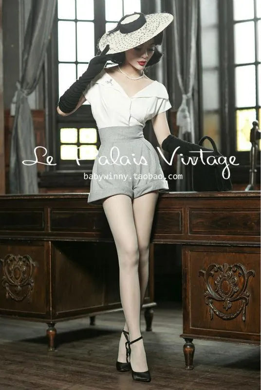 Le Palais Vintage Limited elegant retro classic tall waist woollen shorts shirt set- Dilia