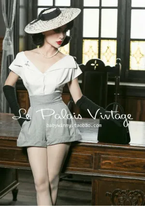 Le Palais Vintage Limited elegant retro classic tall waist woollen shorts shirt set- Dilia