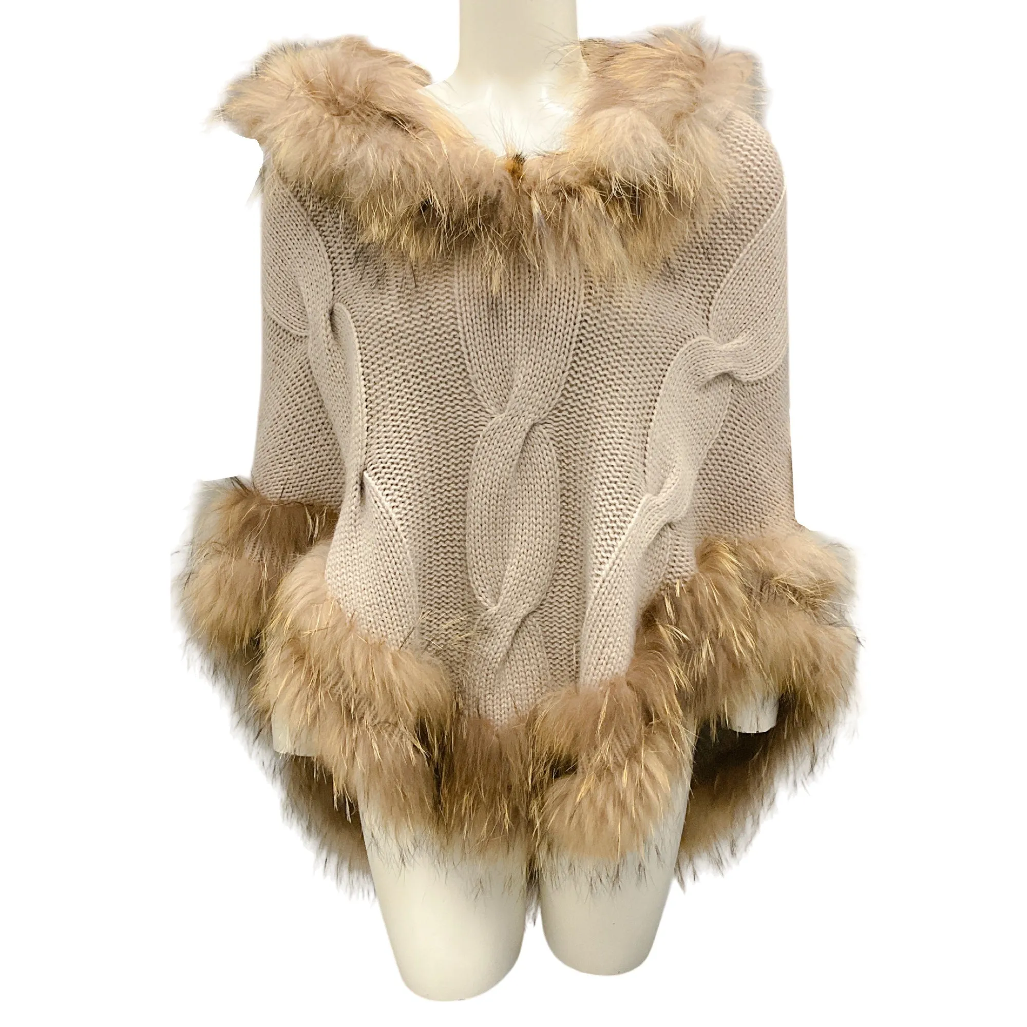 Linda Richards Luxury Tan Fur Trimmed Knit Cape / Poncho