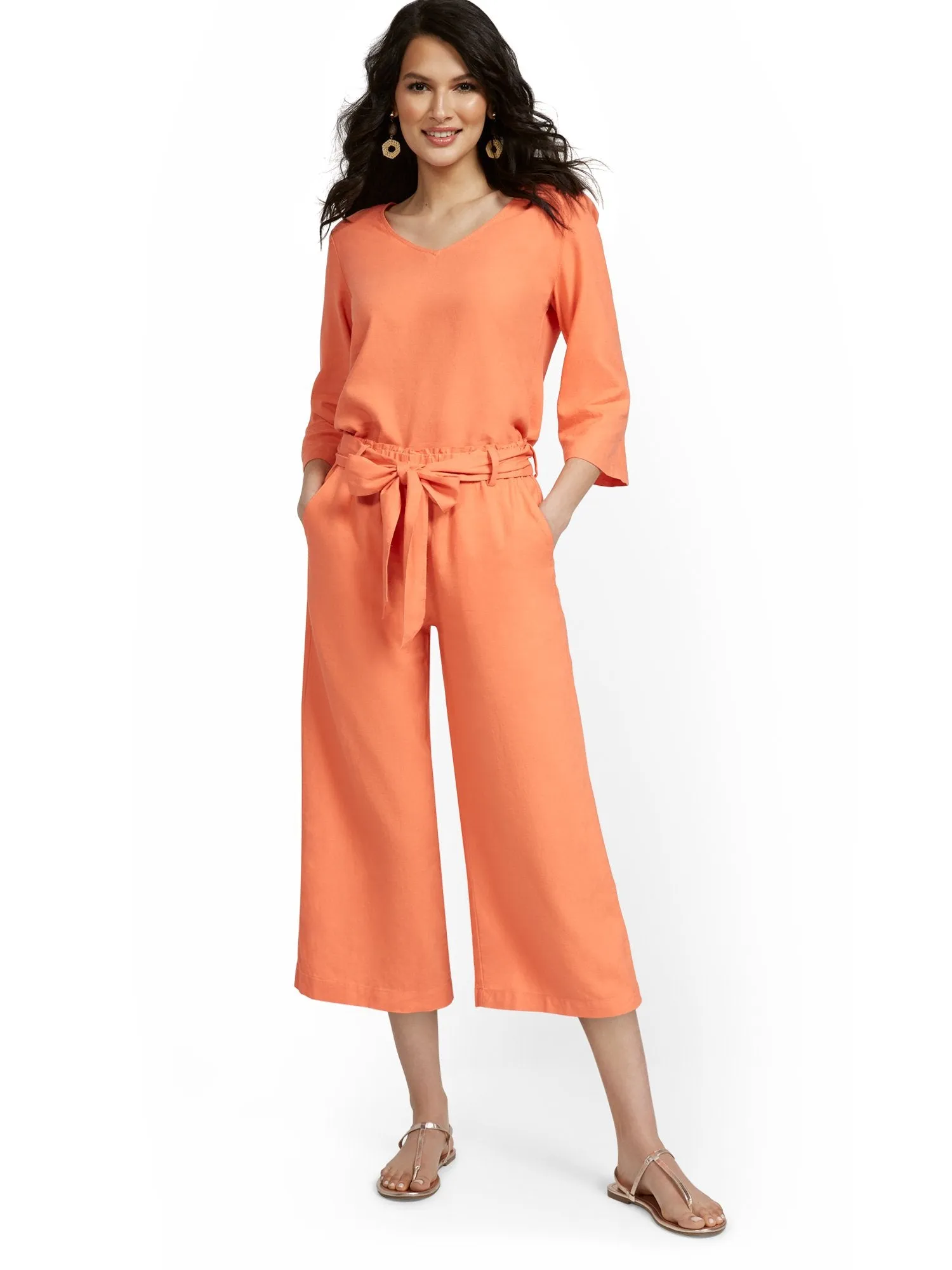 Linen-Blend High-Waisted Paperbag Wide-Leg Capri Pant