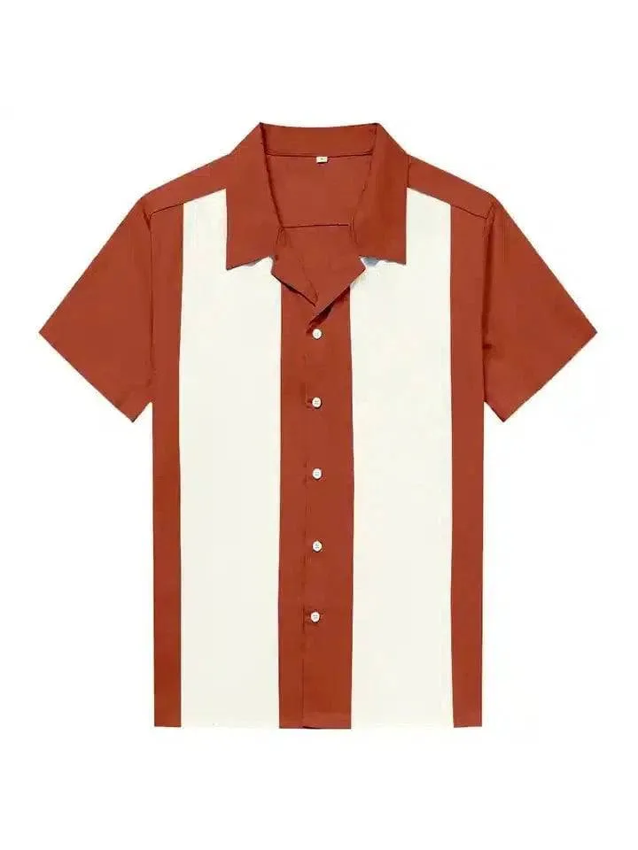 Mens Vintage Style Bowling Dress Shirt - Rust/Ivory