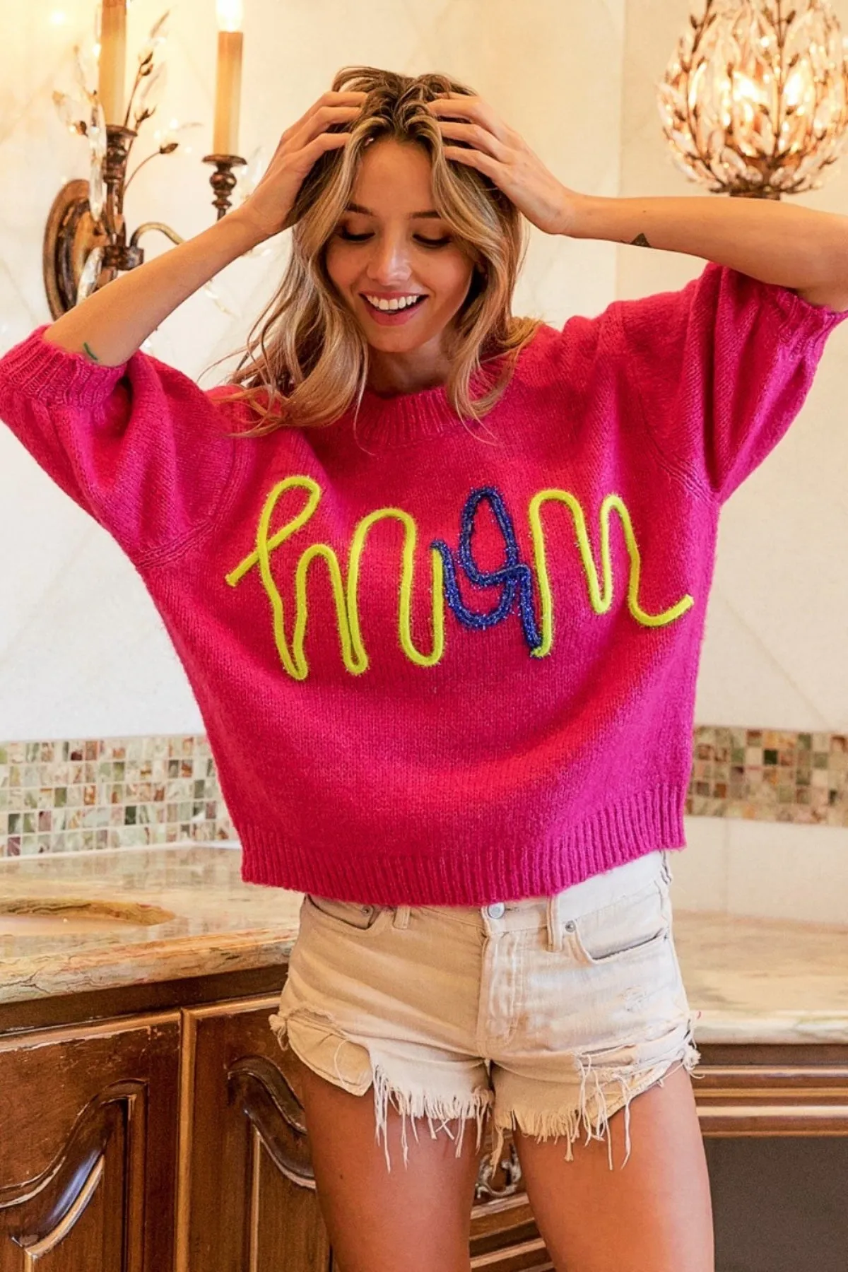 MOM Embroidered Knit Top - Fuchsia