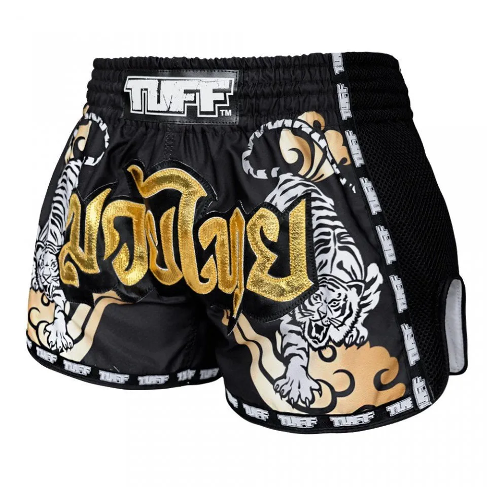 MRS301 TUFF Muay Thai Shorts Retro Style Black Double Tiger With Gold Text