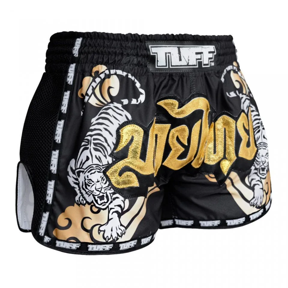 MRS301 TUFF Muay Thai Shorts Retro Style Black Double Tiger With Gold Text