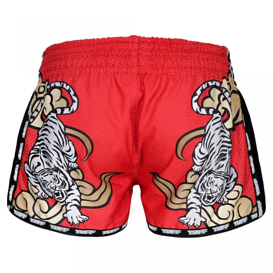 MRS301 TUFF Muay Thai Shorts Retro Style Red Double Tiger With Gold Text