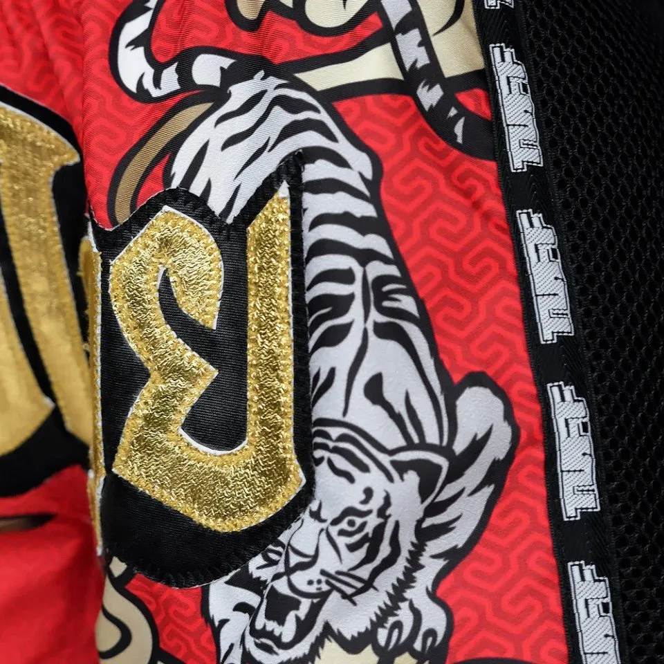 MRS301 TUFF Muay Thai Shorts Retro Style Red Double Tiger With Gold Text