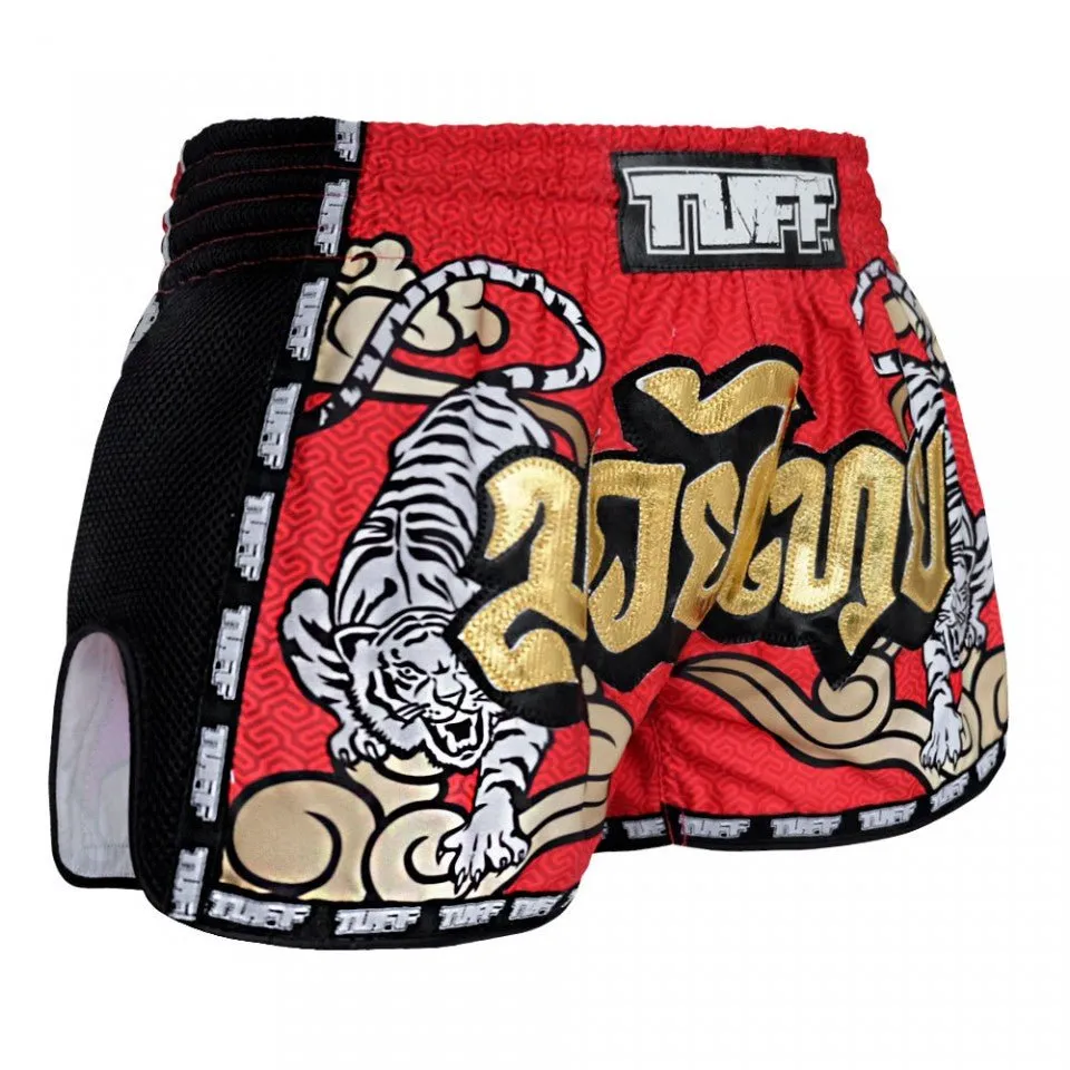 MRS301 TUFF Muay Thai Shorts Retro Style Red Double Tiger With Gold Text