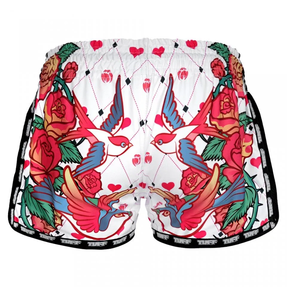 MRS302 TUFF Muay Thai Shorts Retro Style White Roses With Birds