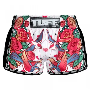 MRS302 TUFF Muay Thai Shorts Retro Style White Roses With Birds