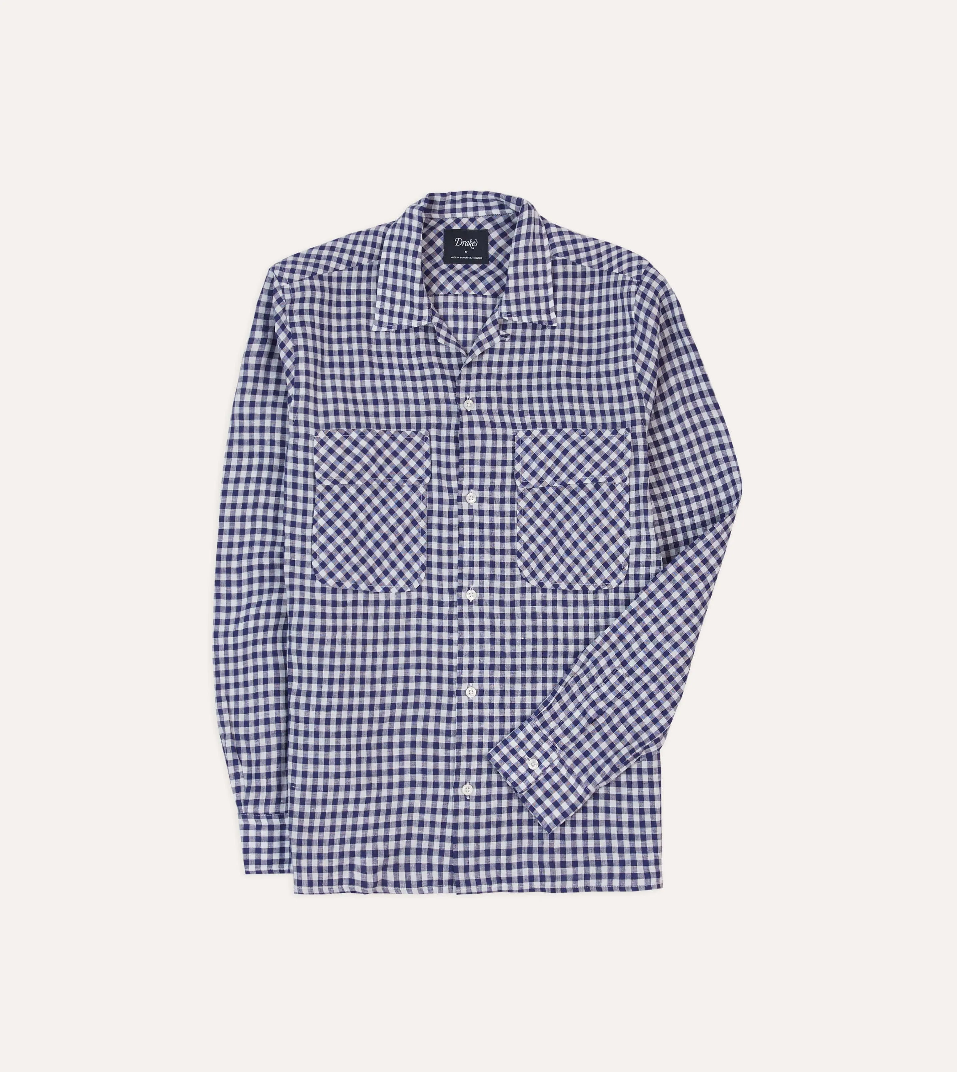 Navy Gingham Check Linen Camp Collar Long Sleeve Shirt