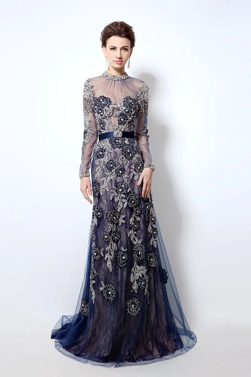 Navy Long Sleeves Formal Prom Dresses Long Evening Dress