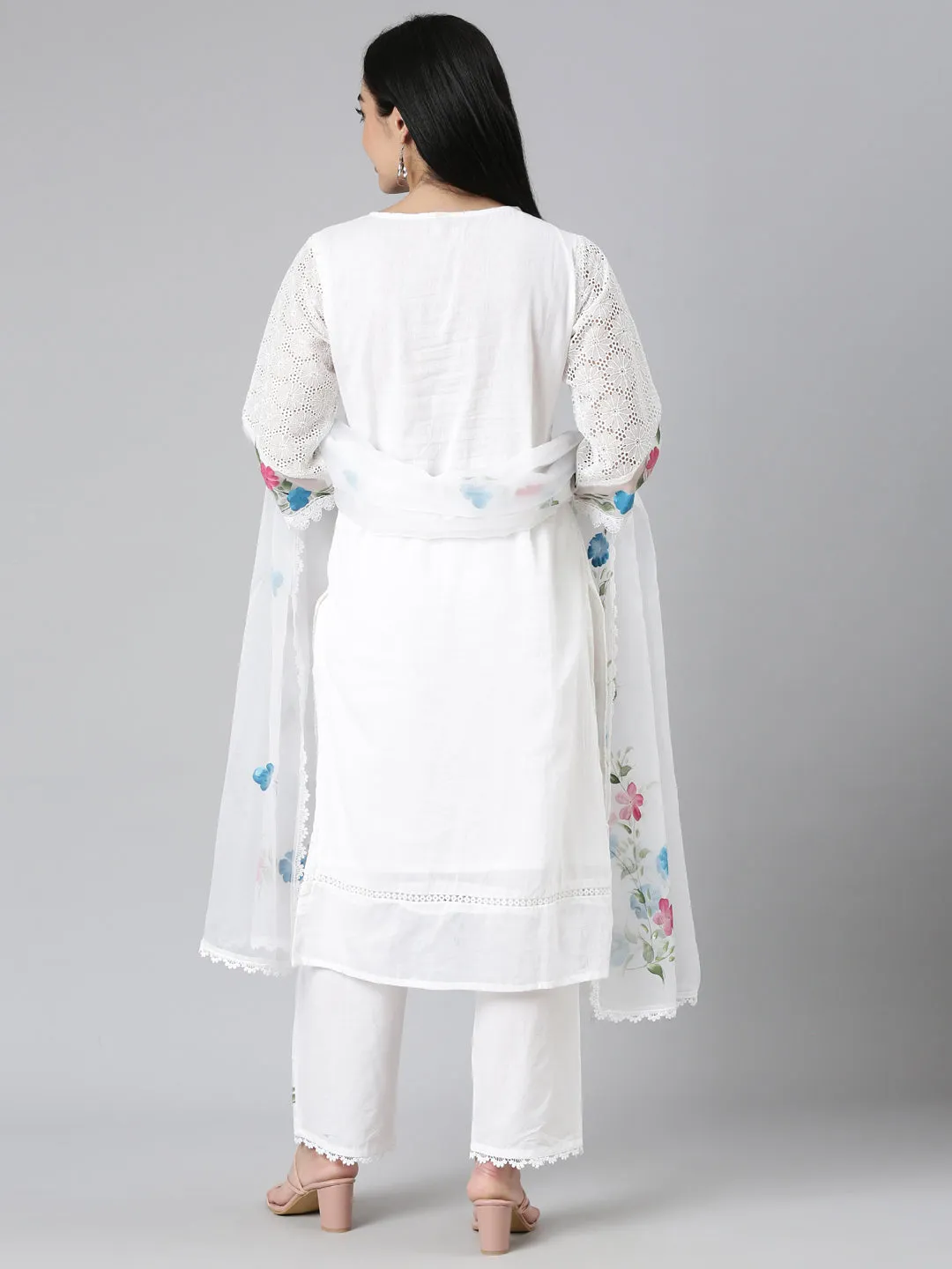 Neerus Off White Regular Scalloped Solid Kurta and Trousers With Dupatta