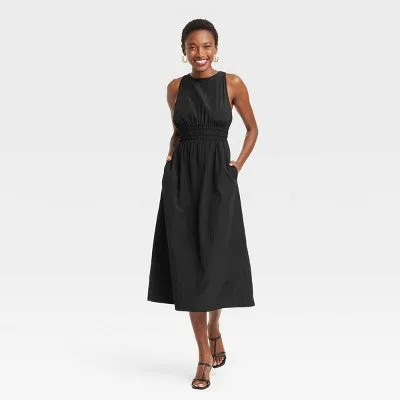 New - Women's Poplin Cross Back Midi Dress - A New Day Black XS