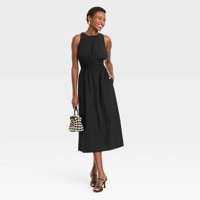 New - Women's Poplin Cross Back Midi Dress - A New Day Black XS