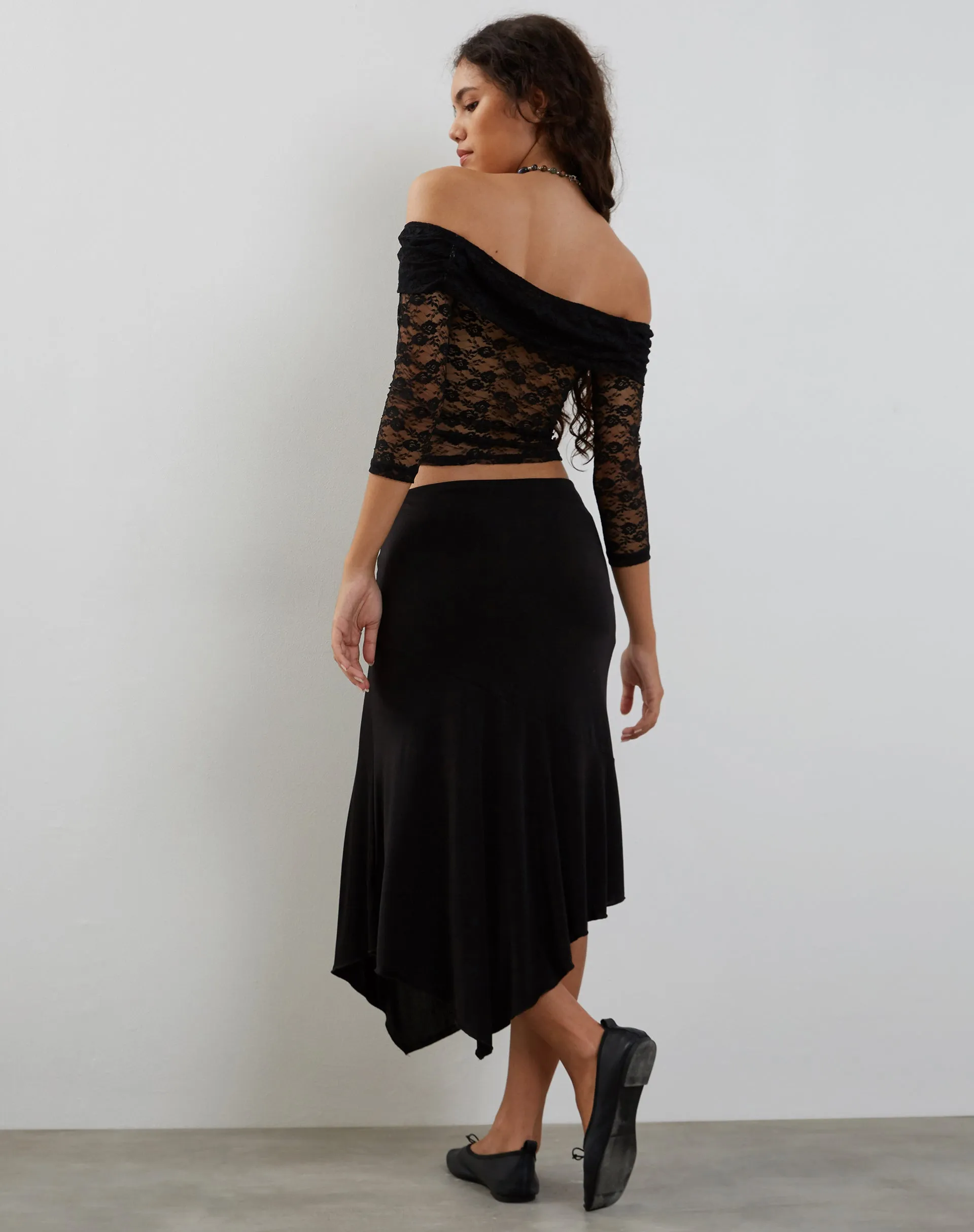 Nixie Long Sleeve Bardot Top in Lace Black