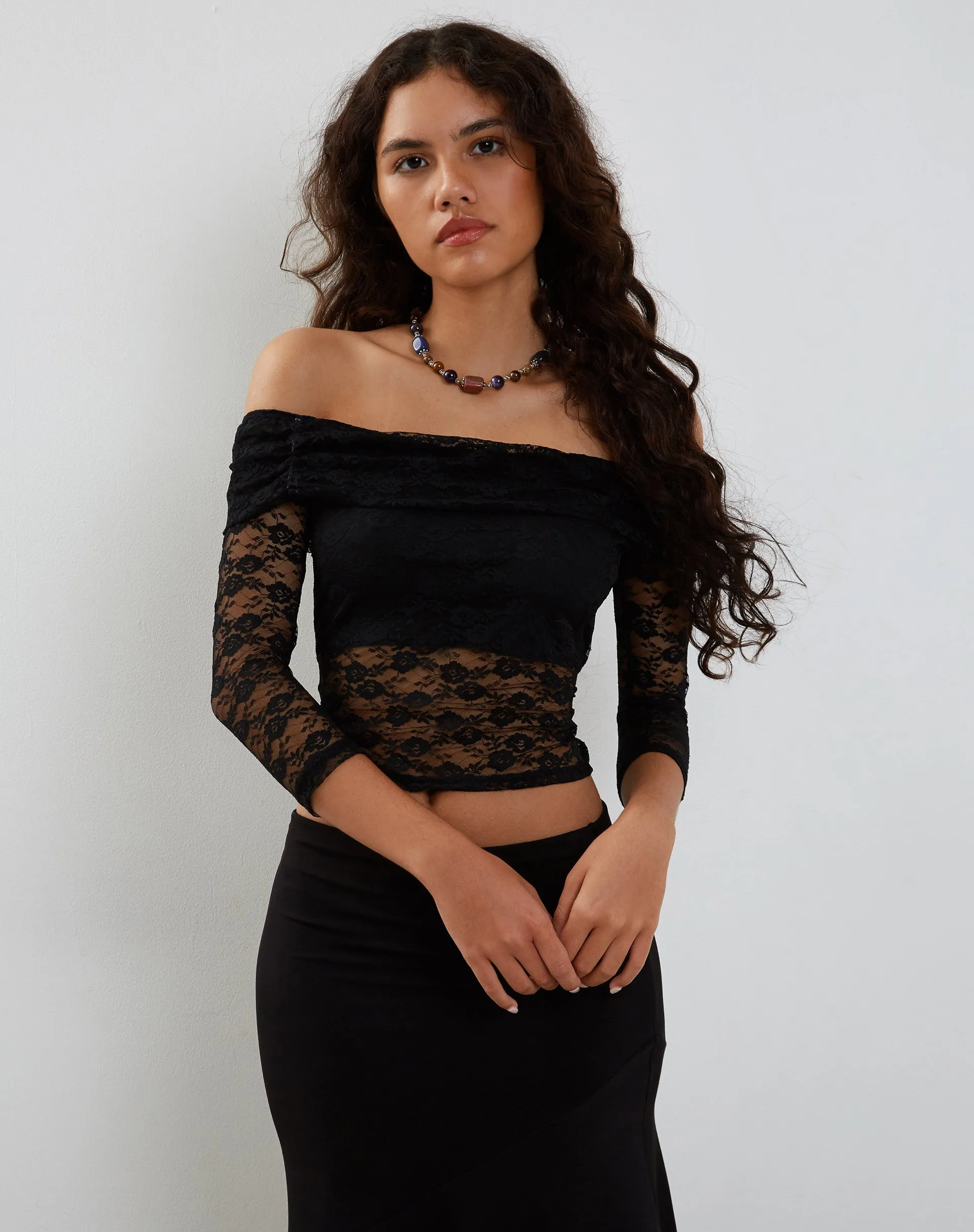 Nixie Long Sleeve Bardot Top in Lace Black