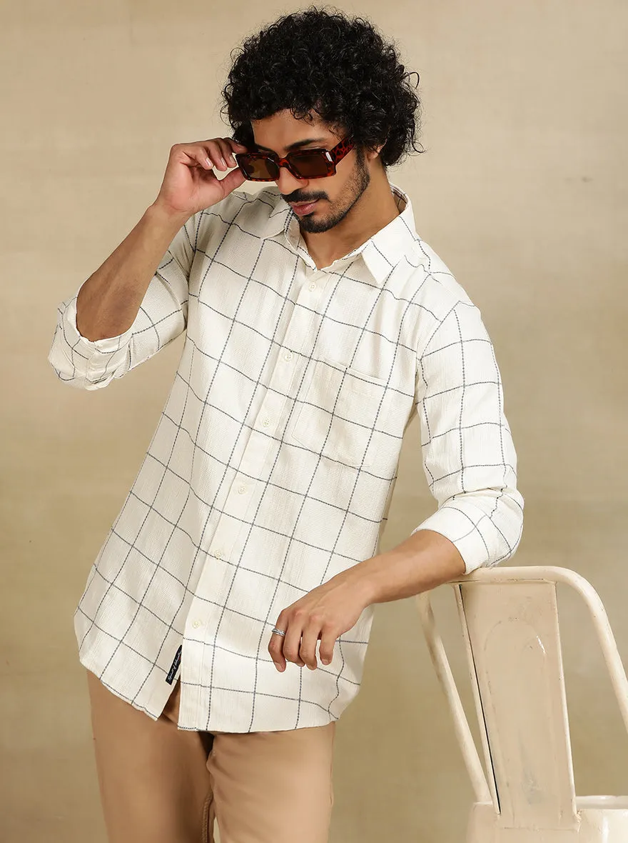 Off White Checked Slim Fit Casual Shirt | JadeBlue