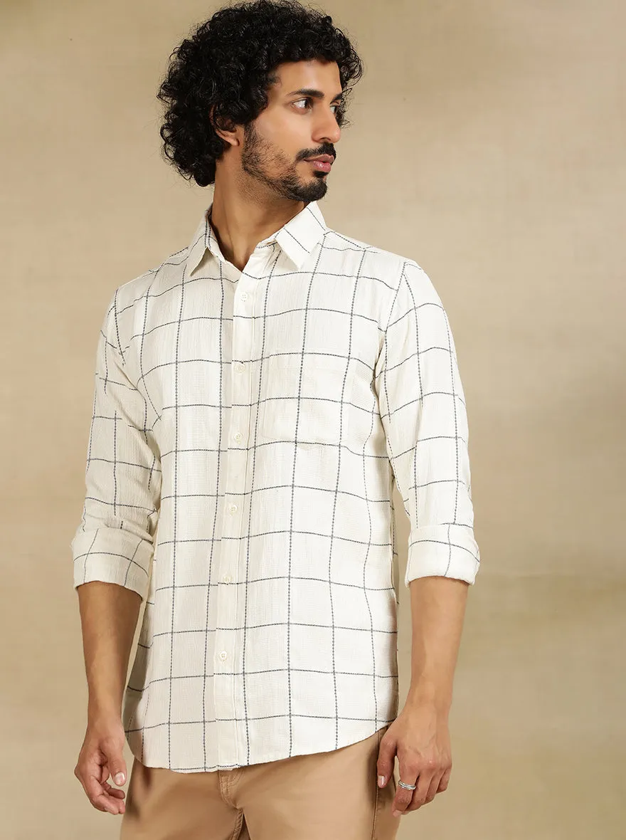 Off White Checked Slim Fit Casual Shirt | JadeBlue