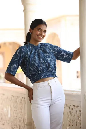 Okhai "Sky Blossom" Hand-Embroidered Beadwork Pure Cotton Indigo Top