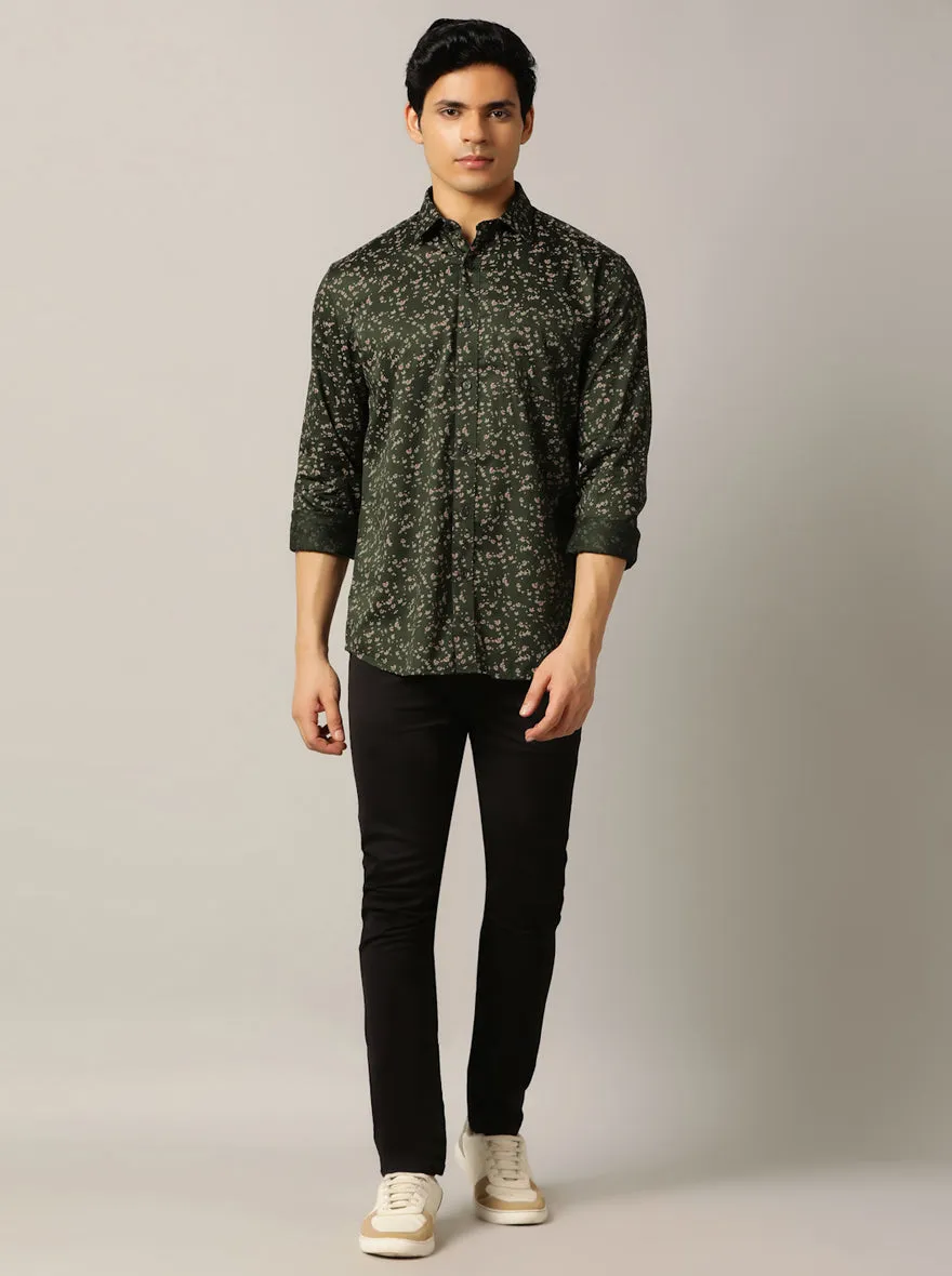 Olive Green Printed Tailored Fit Semi Casual Shirt | JadeBlue