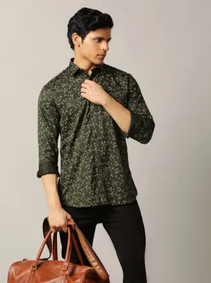 Olive Green Printed Tailored Fit Semi Casual Shirt | JadeBlue