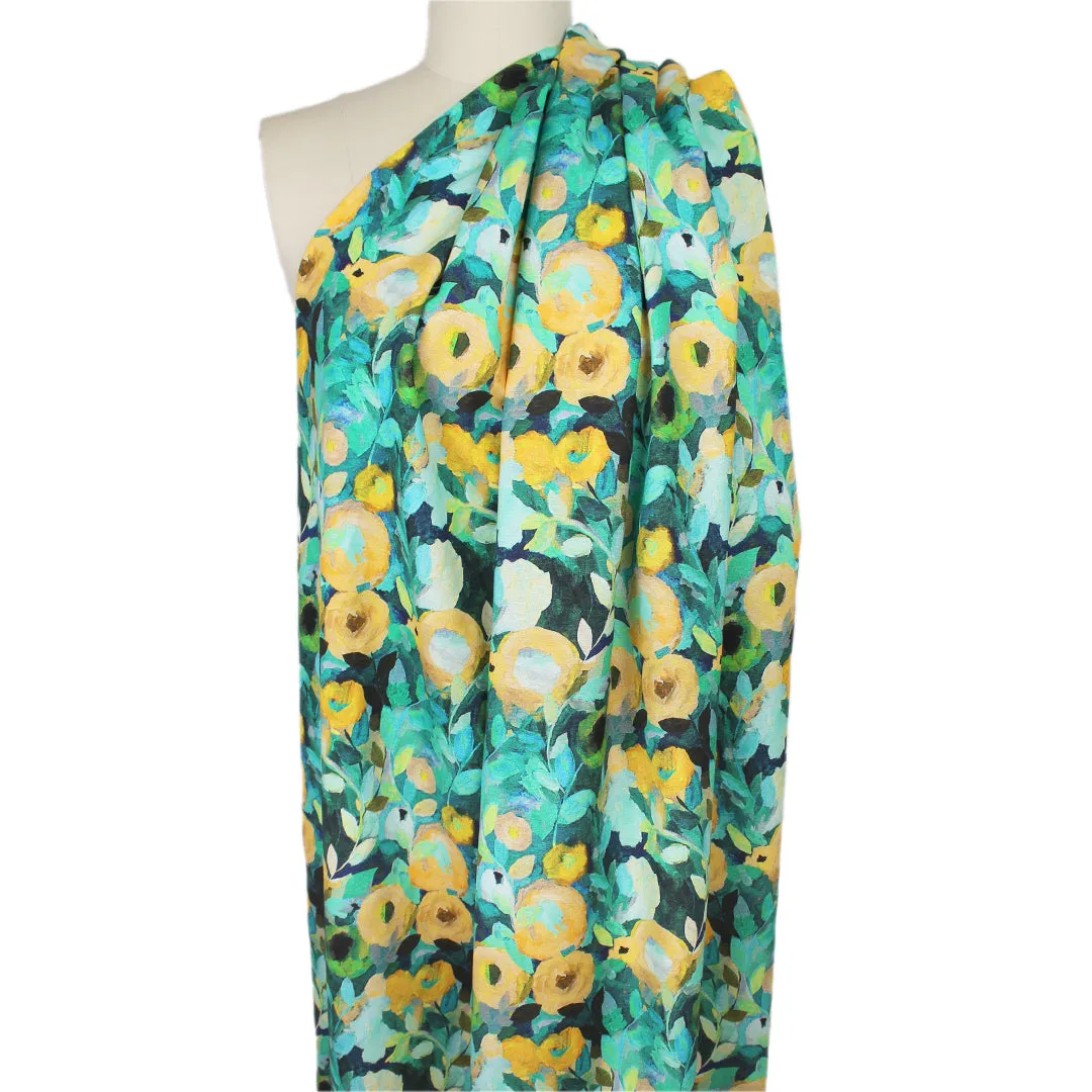 painterly floral rayon/linen woven - teal/maize