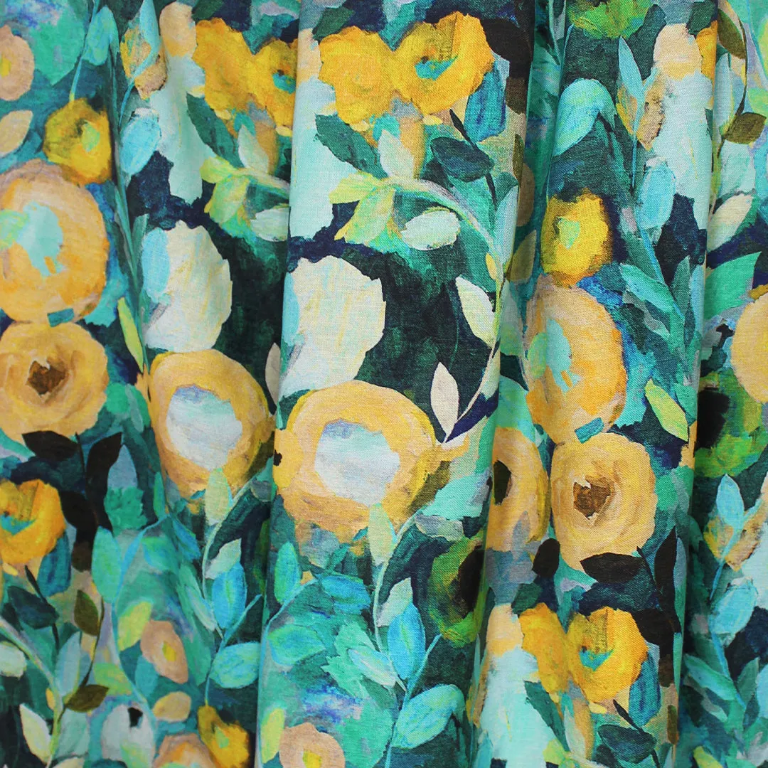 painterly floral rayon/linen woven - teal/maize