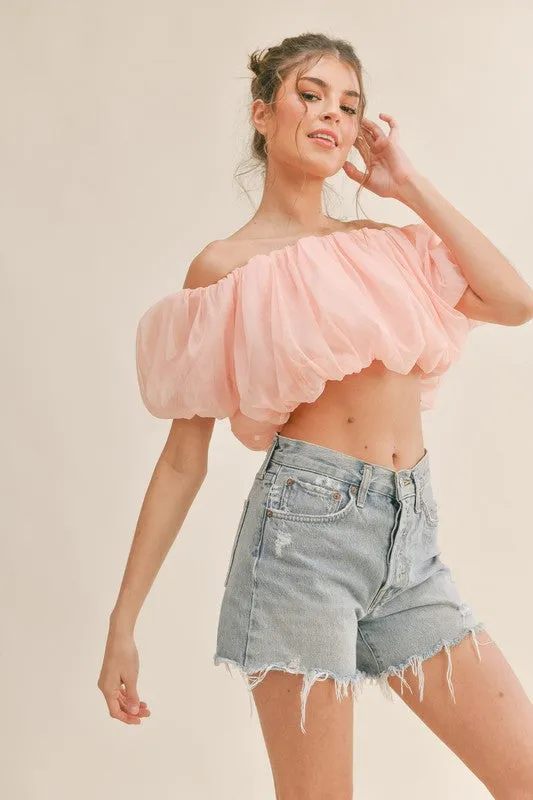 Peach Off Shoulder Balloon Sleeve Crop